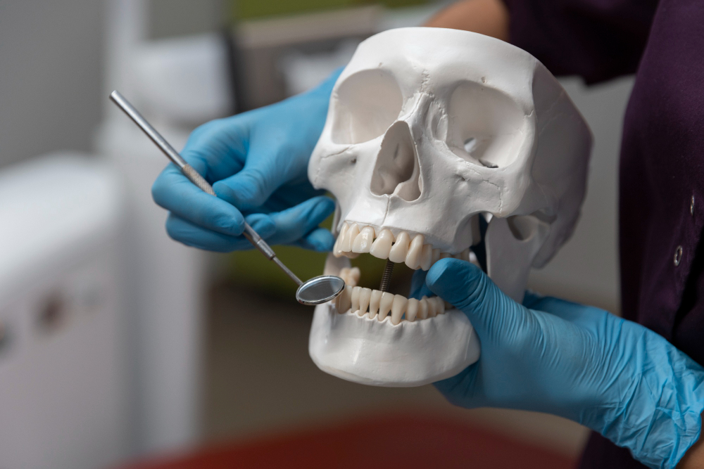 Dentist explaining jawbone structure using a skull model to demonstrate dental implant placement.